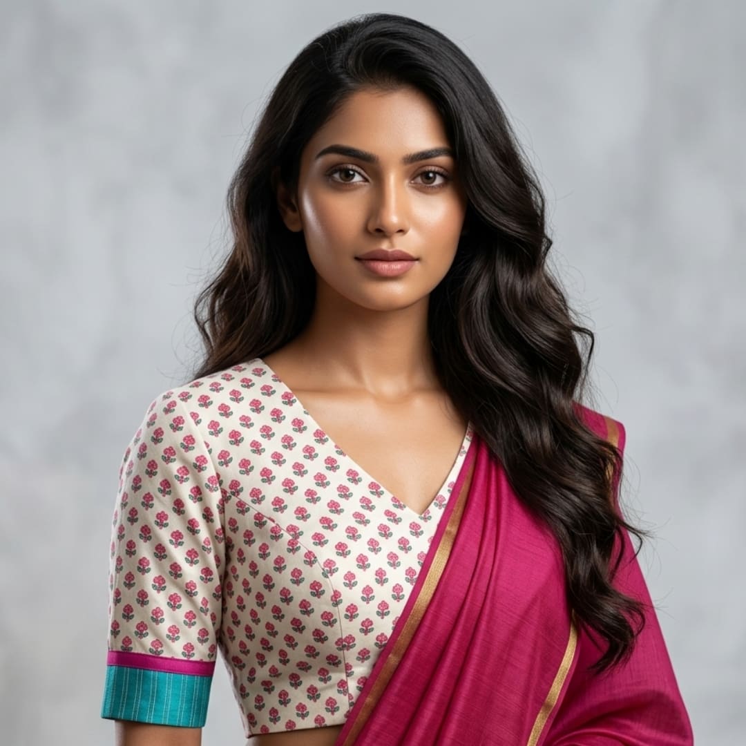 White Jaipuri Print Pink Flower Motifs Blouse | Godhuli