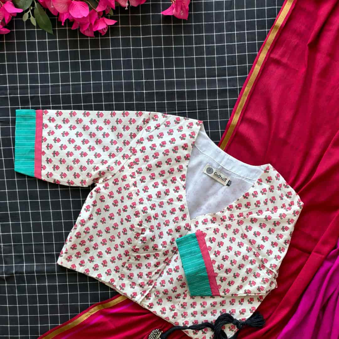 White Jaipuri Print Pink Flower Motifs Blouse | Godhuli