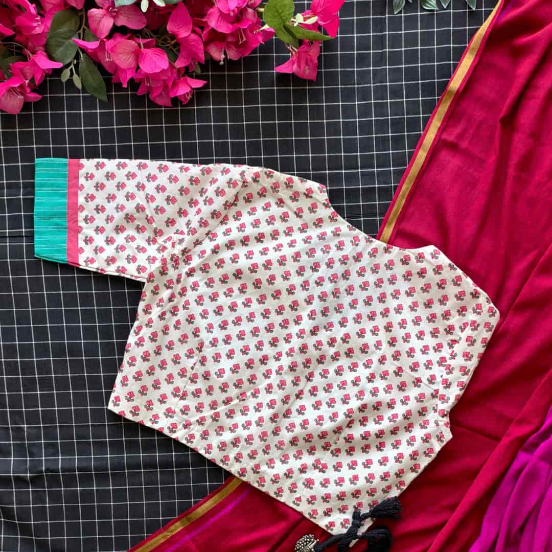 White Jaipuri Print Pink Flower Motifs Blouse | Godhuli