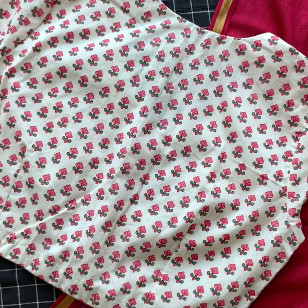 White Jaipuri Print Pink Flower Motifs Blouse | Godhuli