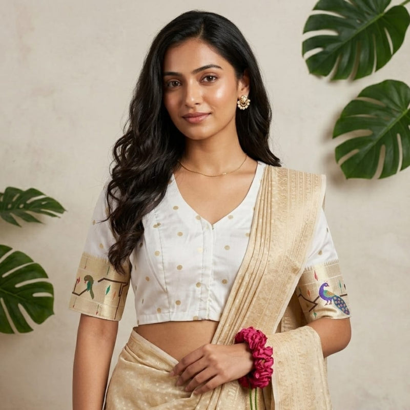 White Paithani Parrot Peacock Border Sleeves Readymade Blouse | Godhuli