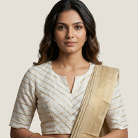 White Readymade Blouse with Golden Zari Stripes | Godhuli