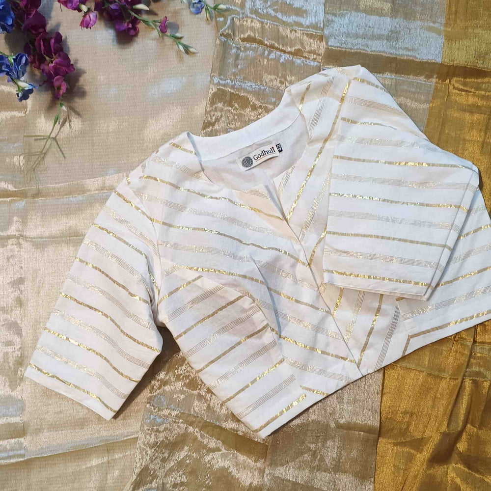 White Readymade Blouse with Golden Zari Stripes | Godhuli