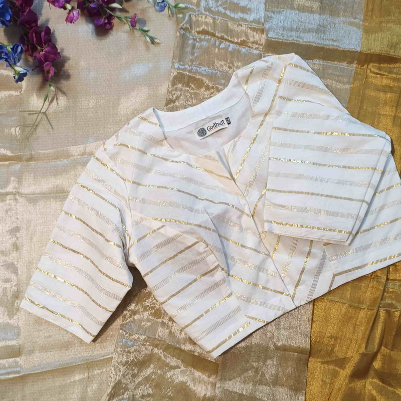White Readymade Blouse with Golden Zari Stripes | Godhuli
