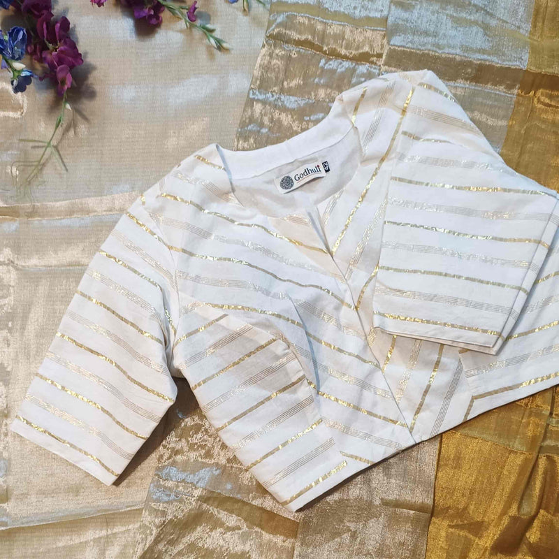 White Readymade Blouse with Golden Zari Stripes | Godhuli