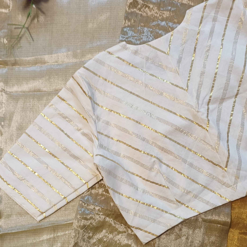 White Readymade Blouse with Golden Zari Stripes | Godhuli