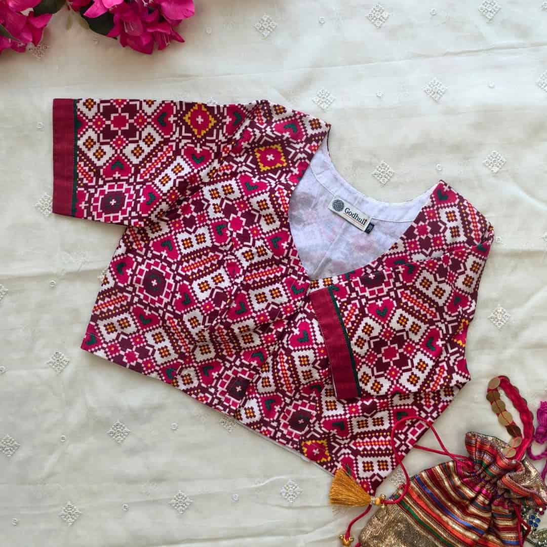 White Red Patola print Dola Silk Readymade Blouse | Godhuli