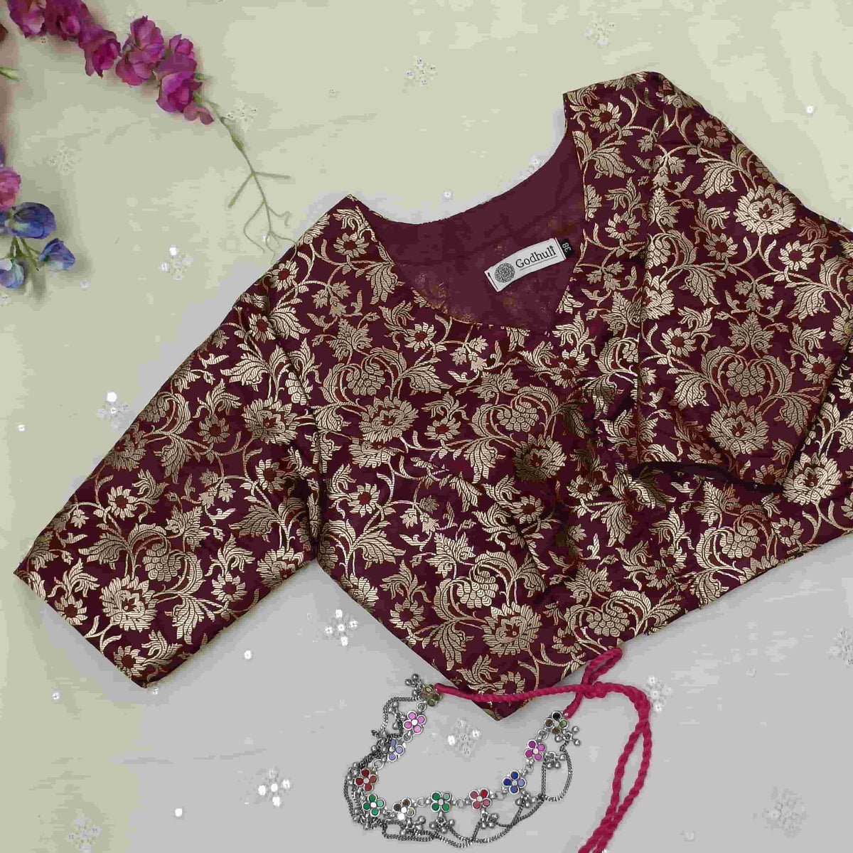 Wine Jaal Banarasi Brocade Readymade Blouse 