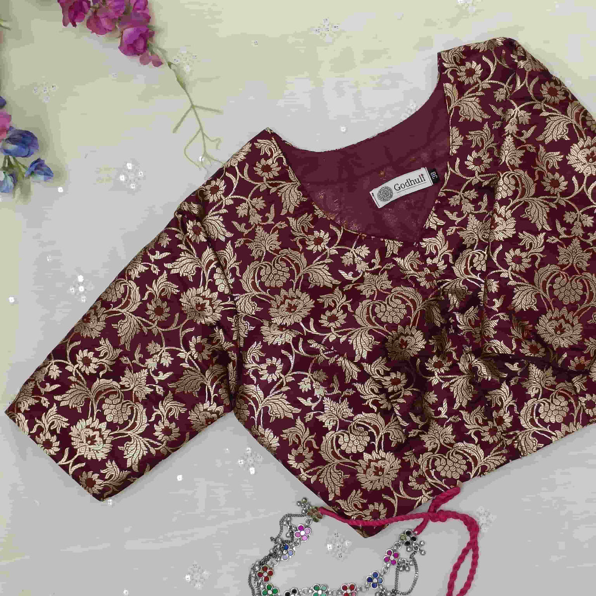 Wine Jaal Banarasi Brocade Readymade Blouse 