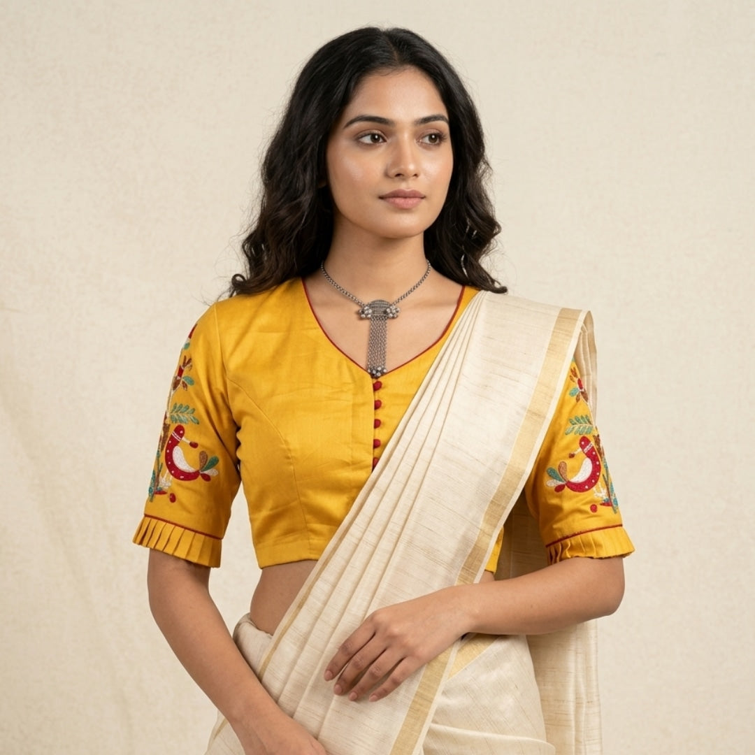 Yellow Cotton Readymade Blouse with Embroidered Sleeves