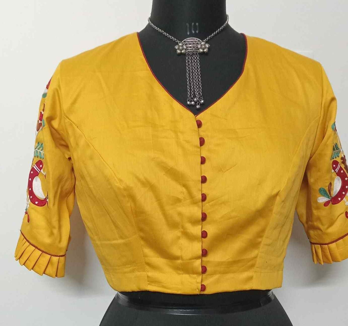 Yellow Cotton Readymade Blouse with Embroidered Sleeves
