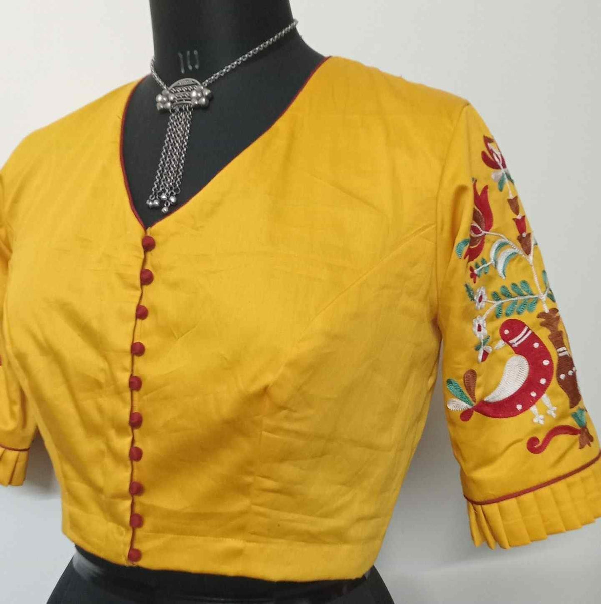 Yellow Cotton Readymade Blouse with Embroidered Sleeves