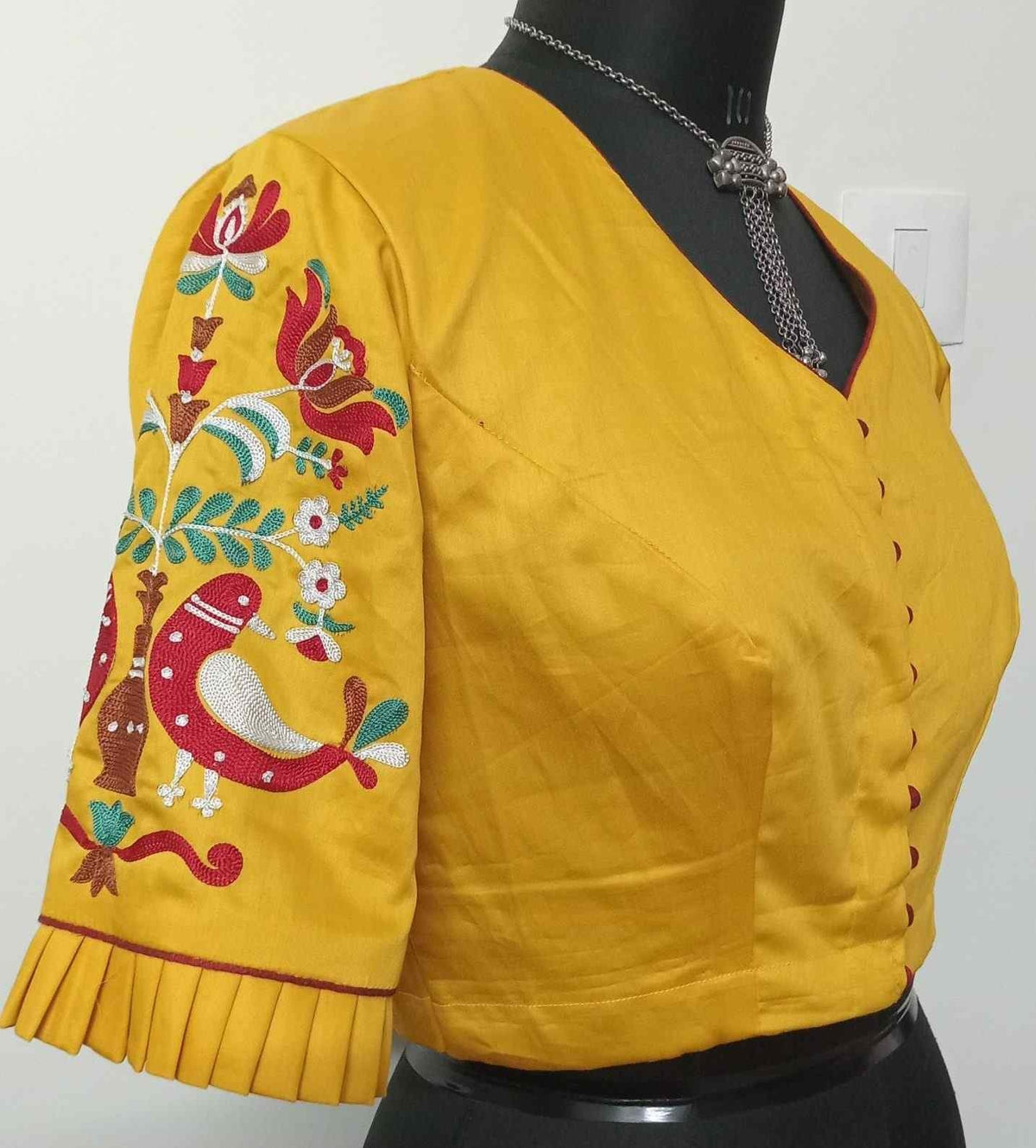Yellow Cotton Readymade Blouse with Embroidered Sleeves