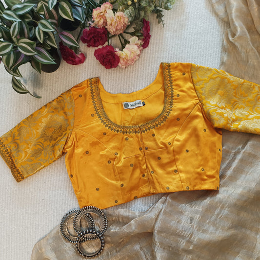 Yellow Gaji Silk Brocade Sleeves Aari Work Blouse