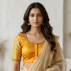 Yellow Gaji Silk Brocade Sleeves Aari Work Readymade Blouse | Godhuli