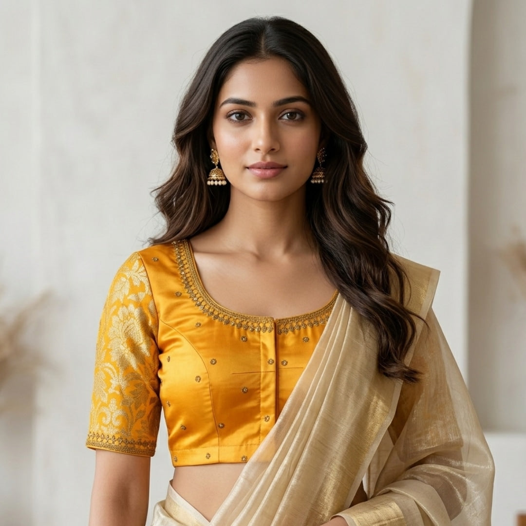 Yellow Gaji Silk Brocade Sleeves Aari Work Readymade Blouse 