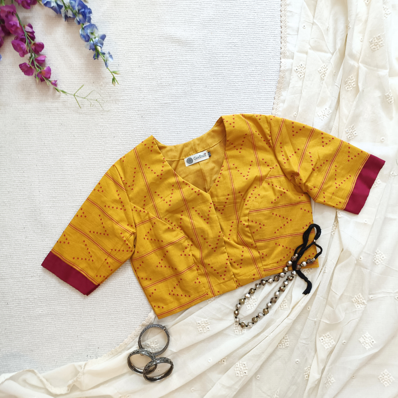 Yellow Jacquard Readymade Blouse | Godhuli