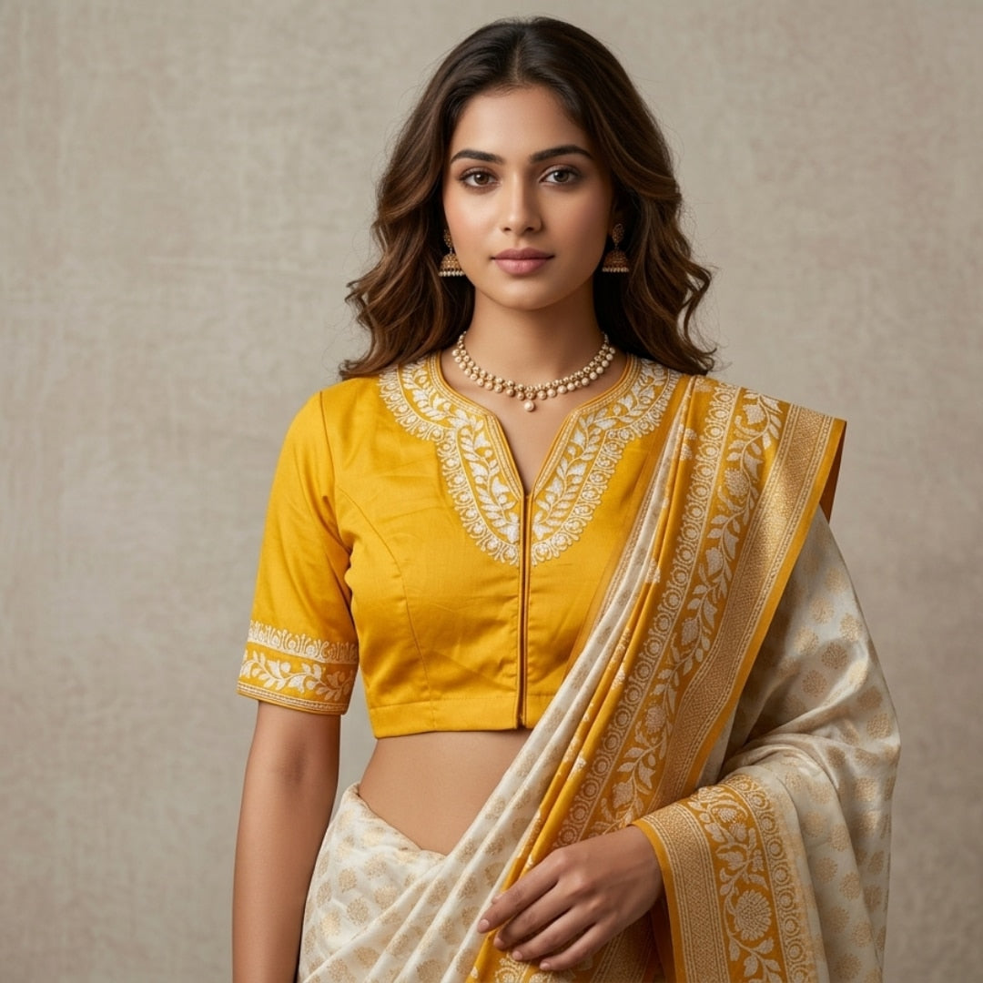 Yellow Readymade Blouse in off white Aari work Embroidery 