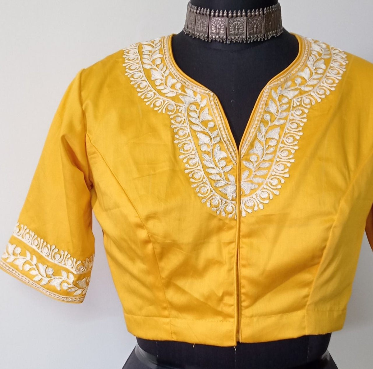 Yellow Readymade Blouse in off white Aari work Embroidery 