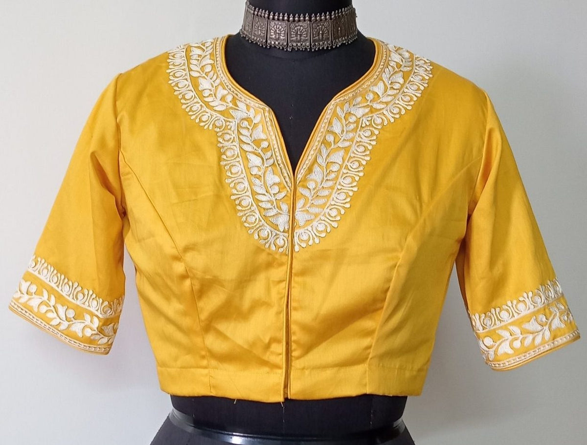 Yellow Readymade Blouse in off white Aari work Embroidery 