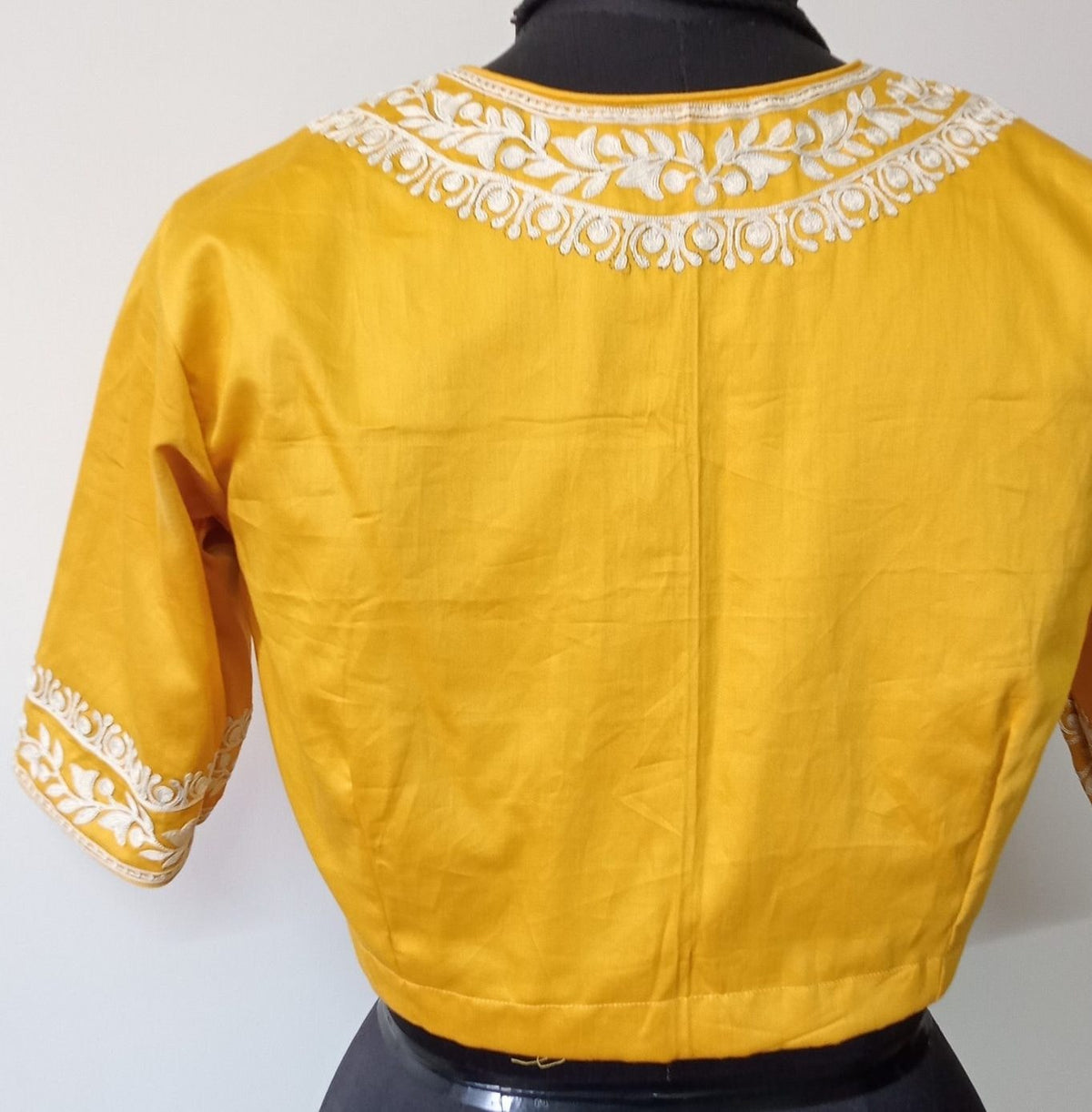 Yellow Readymade Blouse in off white Aari work Embroidery 