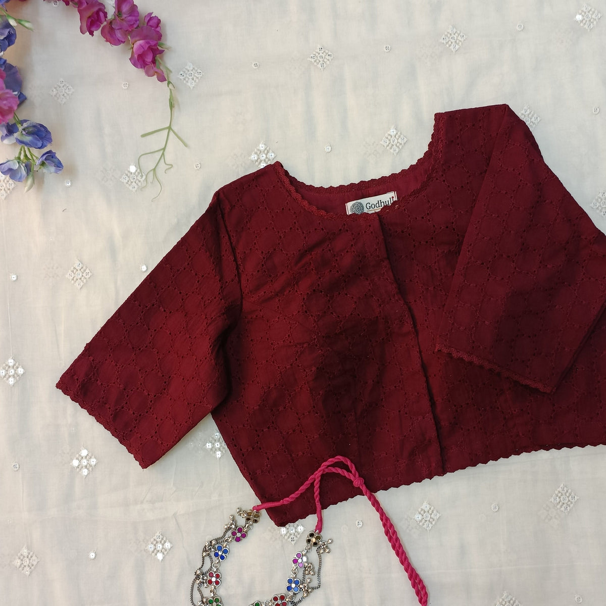 Godhuli Bulk Blouse Buy Maroon Cut Work Blouse with Sleeves Combo | Perfect for B2B Orders