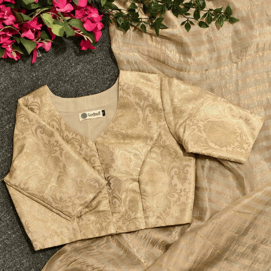 Godhuli Readymade Blouse 32 Beige Golden Big Motif Brocade Readymade Blouse | Godhuli
