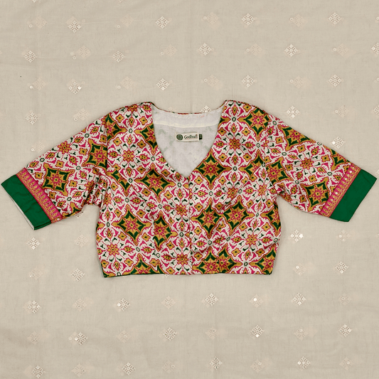 Godhuli Readymade Blouse 32 Patola Print White Gaji Silk Readymade Blouse | Godhuli