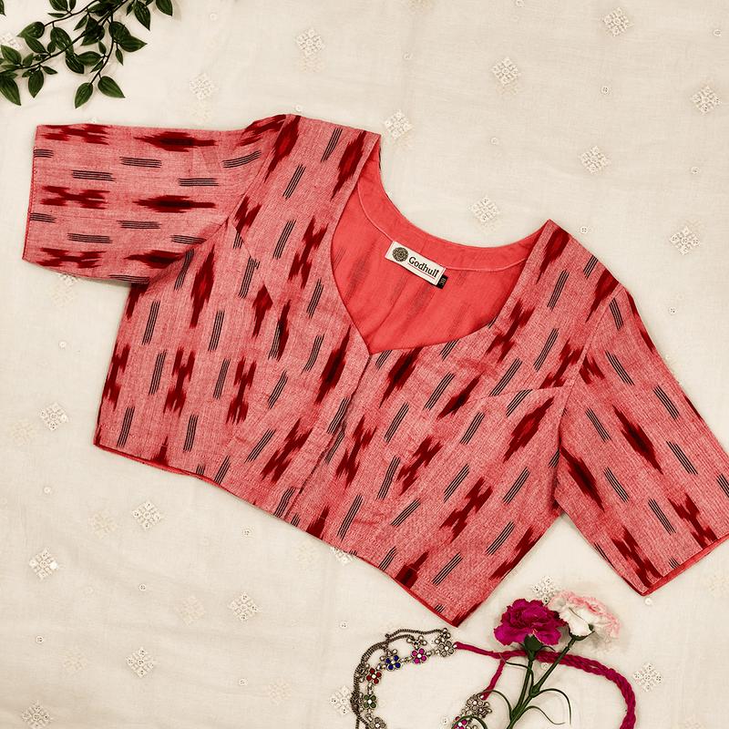 Peach Double ikat Readymade Blouse | Godhuli