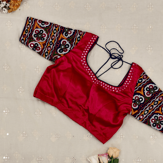 Godhuli Readymade Blouse 32 Rani Gaji Mirror work Readymade Blouse with Royal blue Kutchi Work Sleeves | Godhuli