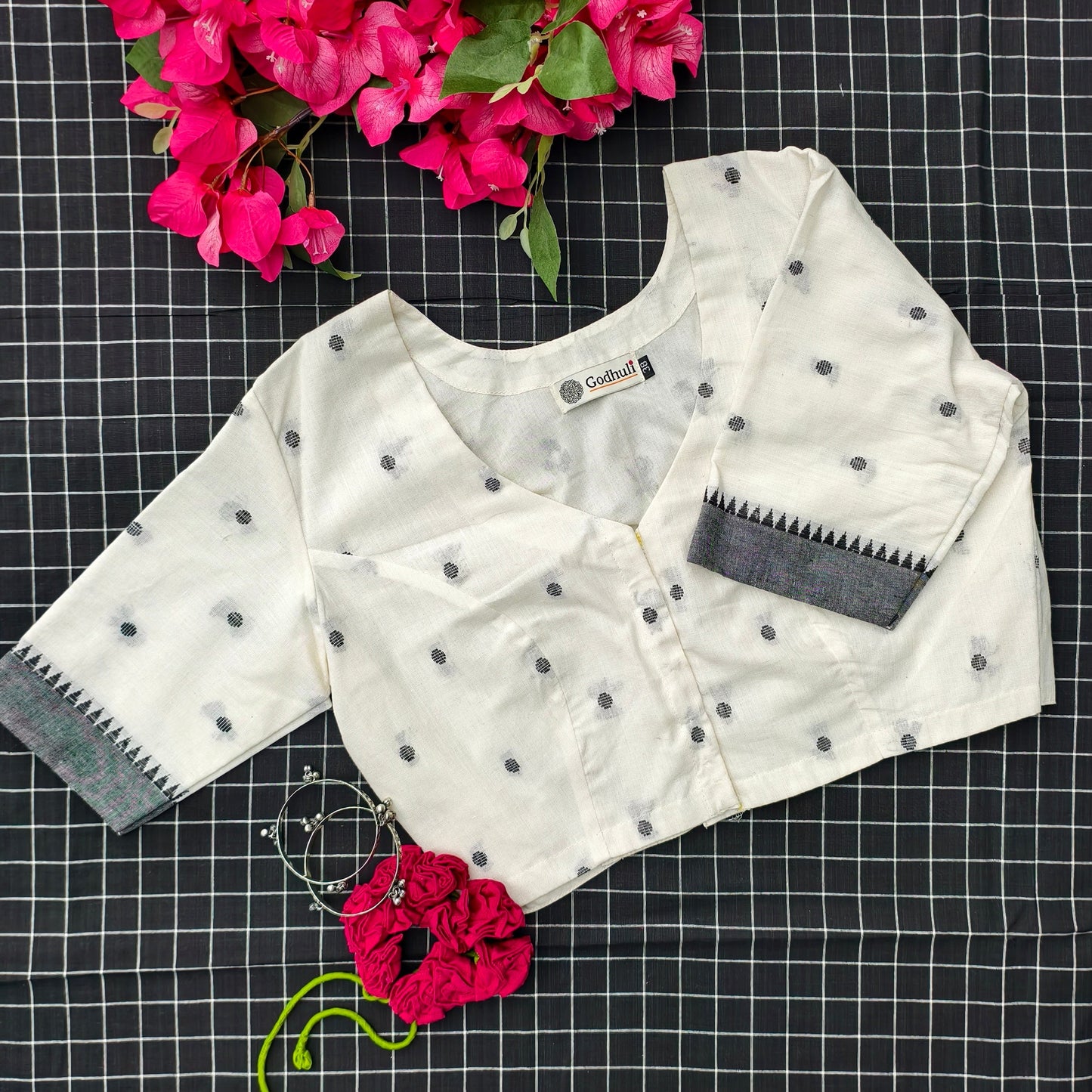 Off White Jacquard Dot Readymade Blouse | Godhuli