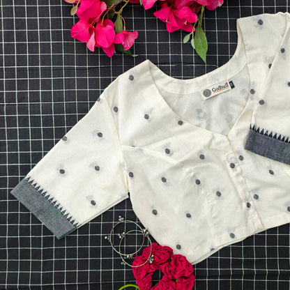 Off White Jacquard Dot Readymade Blouse | Godhuli