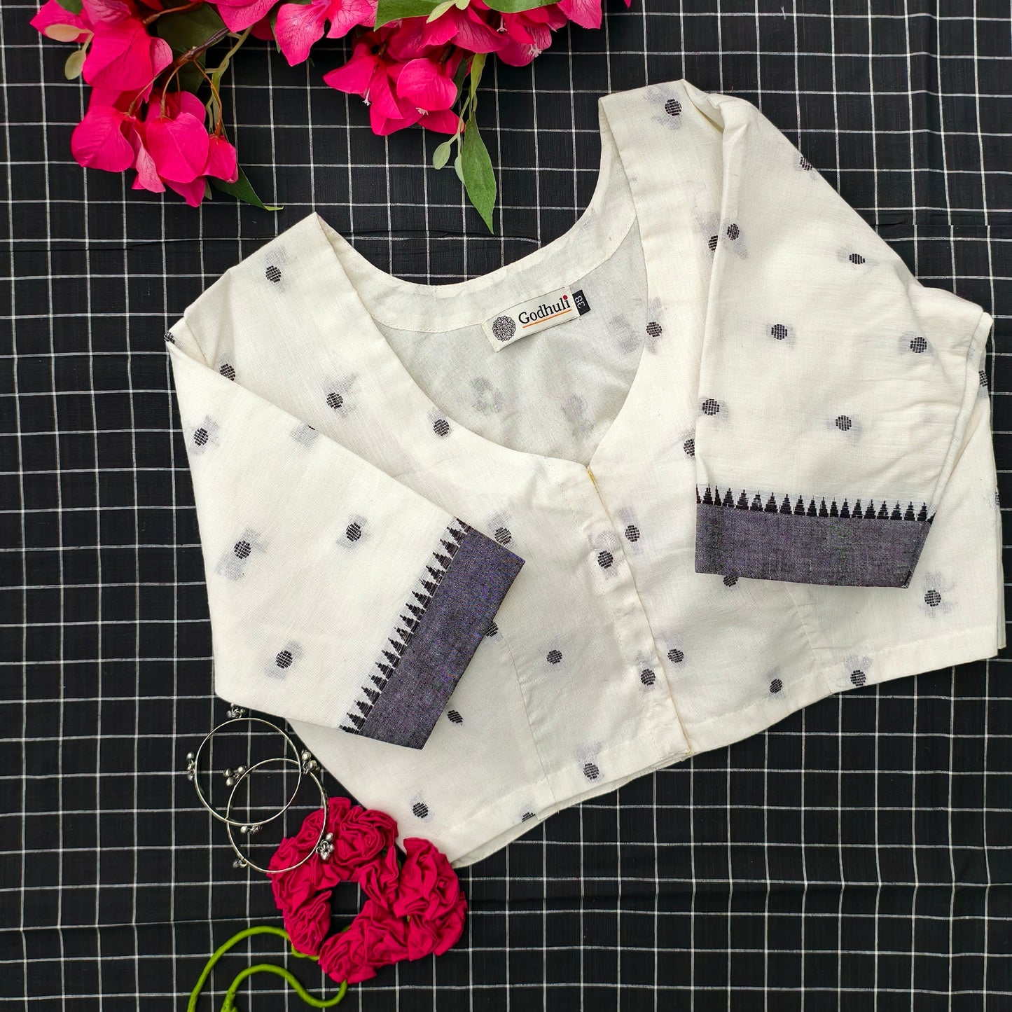 Off White Jacquard Dot Readymade Blouse | Godhuli