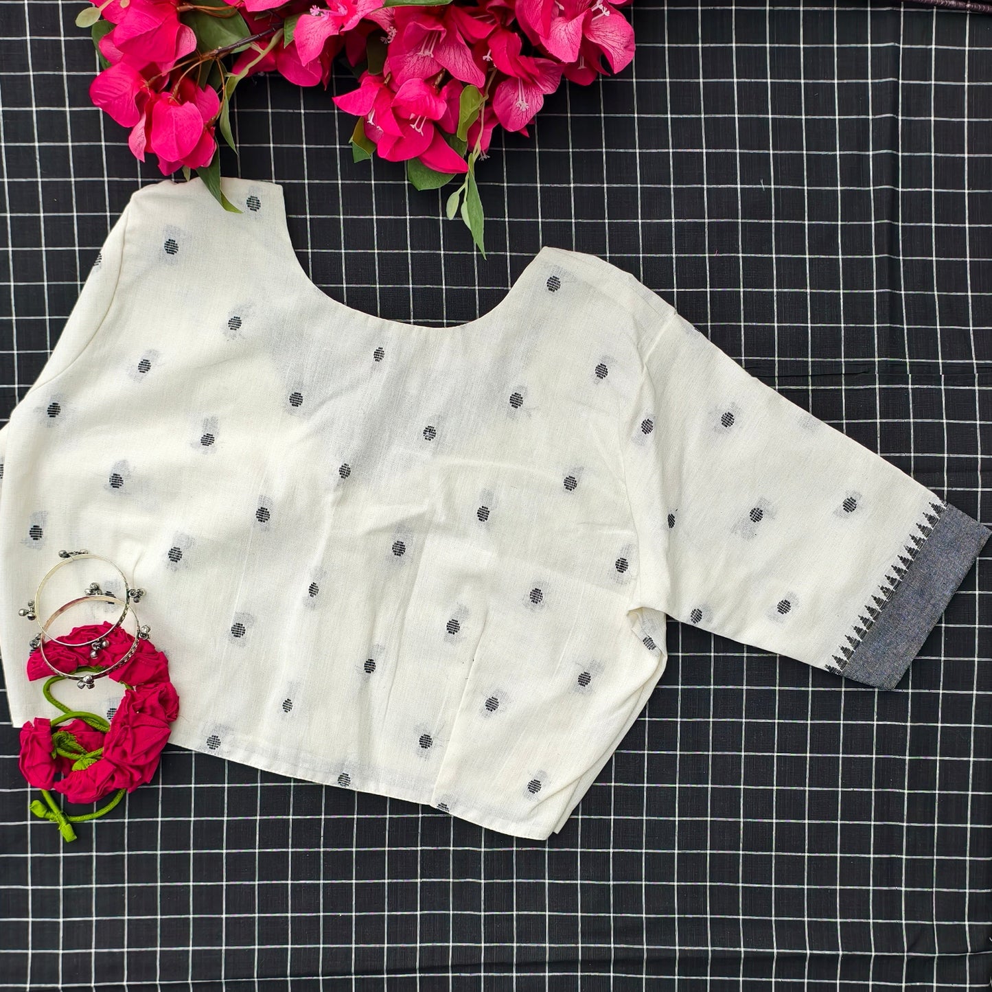Off White Jacquard Dot Readymade Blouse | Godhuli