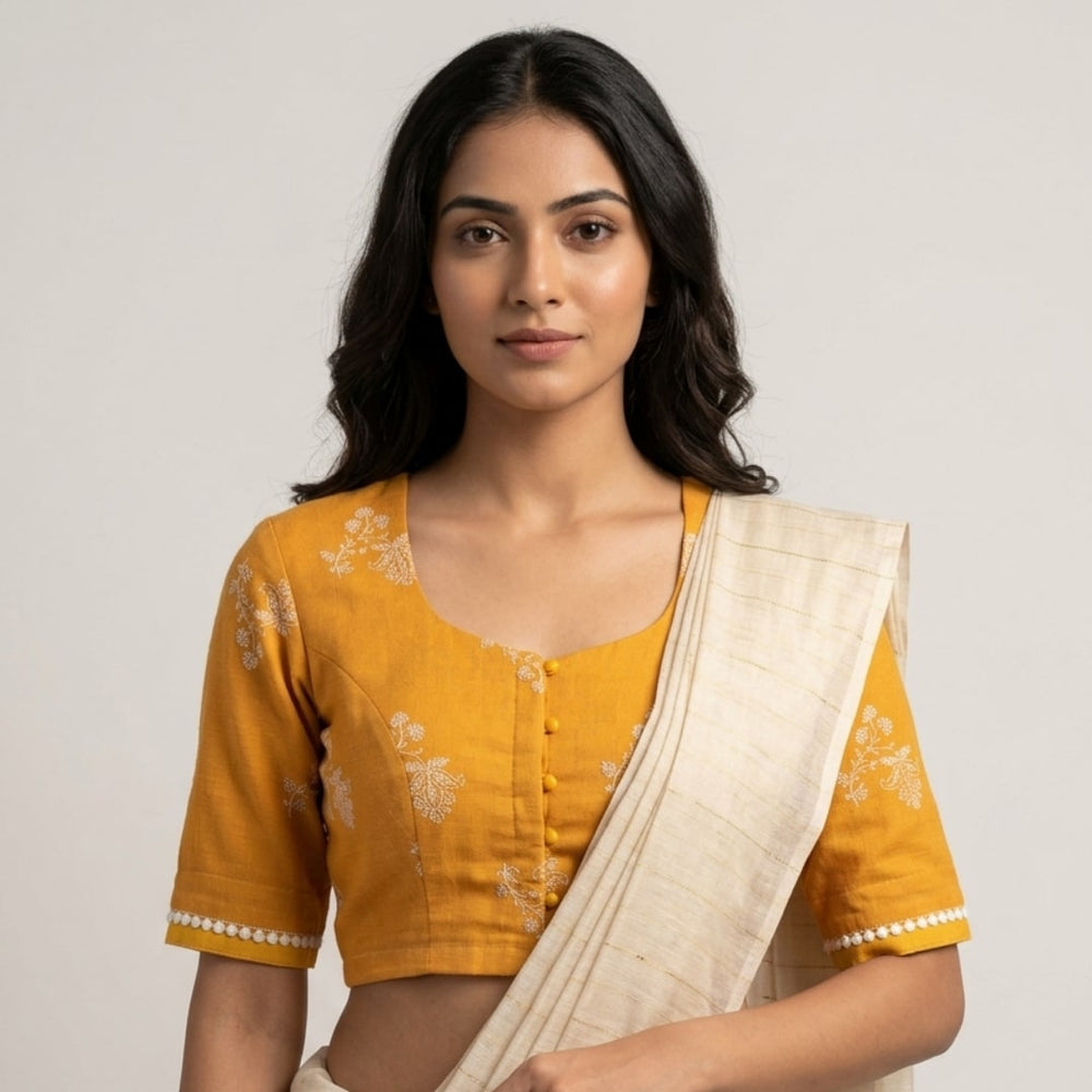 Sandalwood Yellow Embroidered Linen Readymade Blouse | Godhuli