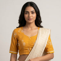 Sandalwood Yellow Embroidered Linen Readymade Blouse | Godhuli