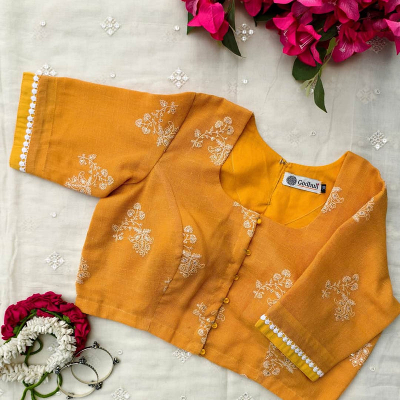 Sandalwood Yellow Embroidered Linen Readymade Blouse | Godhuli