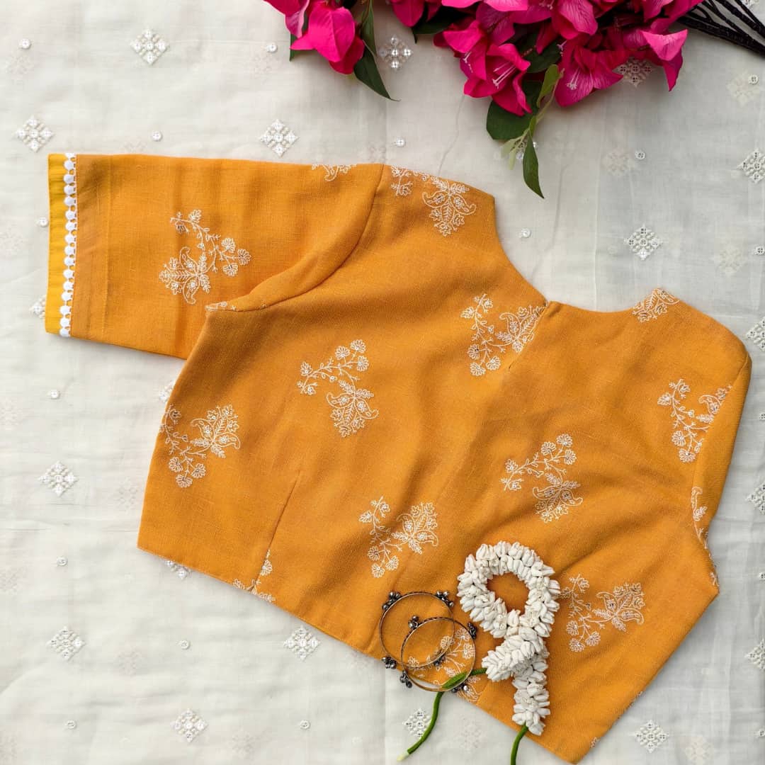 Sandalwood Yellow Embroidered Linen Readymade Blouse | Godhuli