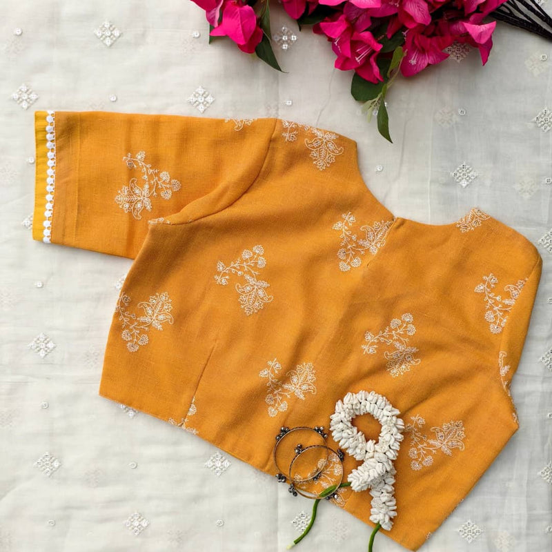Sandalwood Yellow Embroidered Linen Readymade Blouse | Godhuli