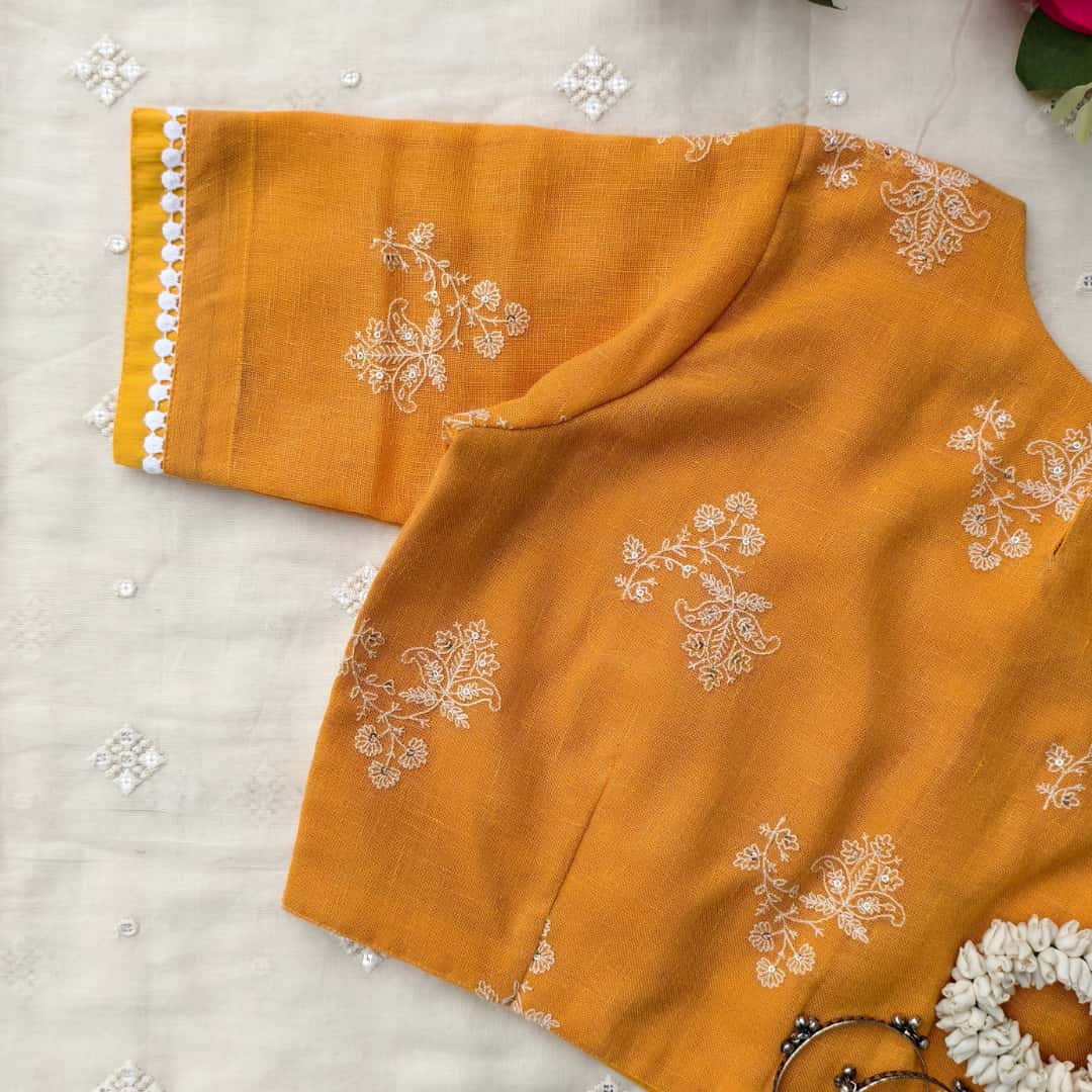 Sandalwood Yellow Embroidered Linen Readymade Blouse | Godhuli