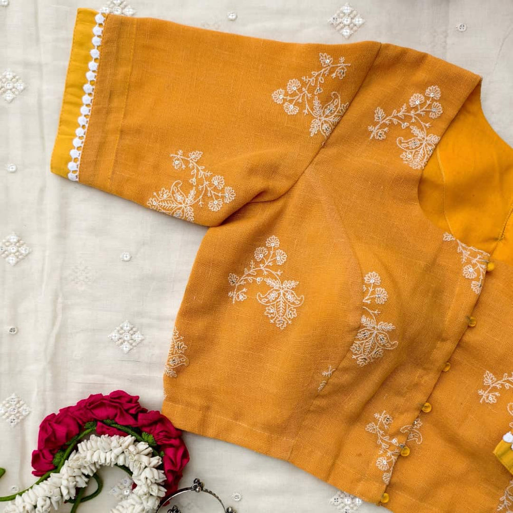Sandalwood Yellow Embroidered Linen Readymade Blouse | Godhuli