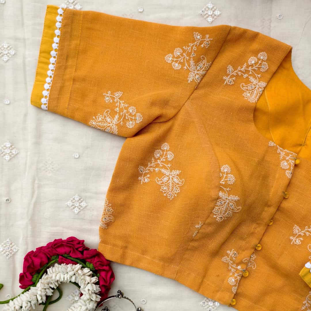 Sandalwood Yellow Embroidered Linen Readymade Blouse | Godhuli