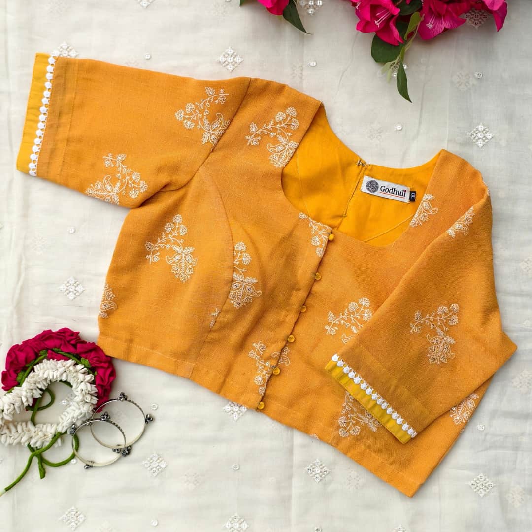 Sandalwood Yellow Embroidered Linen Readymade Blouse | Godhuli