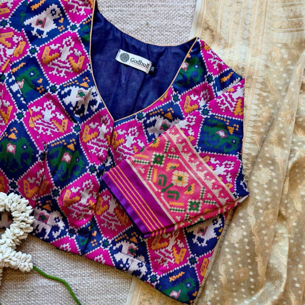 Blue Rani Nari Kunjar Patola Design Readymade Blouse | Godhuli