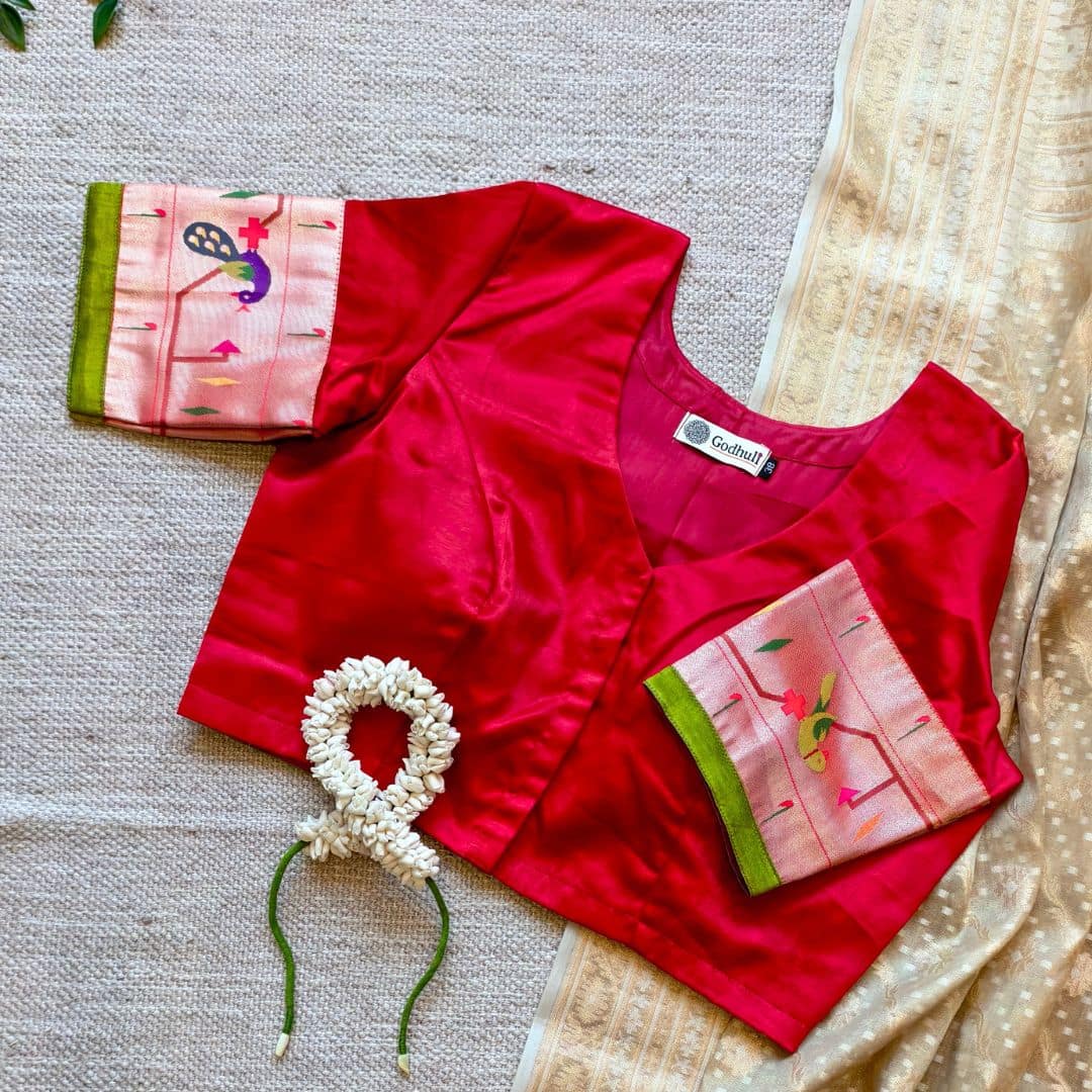 Red Gaji Silk Paithani Border Sleeves Readymade Blouse | Godhuli
