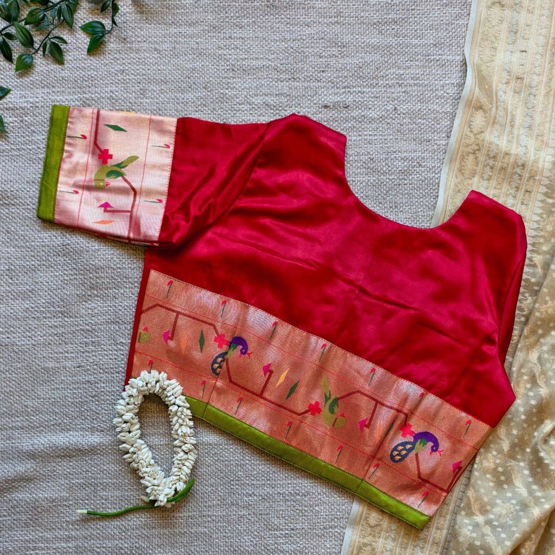 Red Gaji Silk Paithani Border Sleeves Readymade Blouse | Godhuli