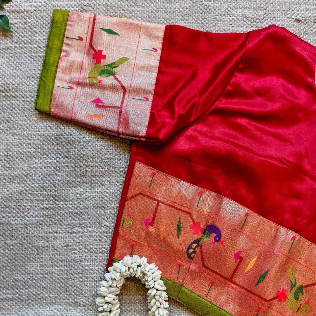 Red Gaji Silk Paithani Border Sleeves Readymade Blouse | Godhuli