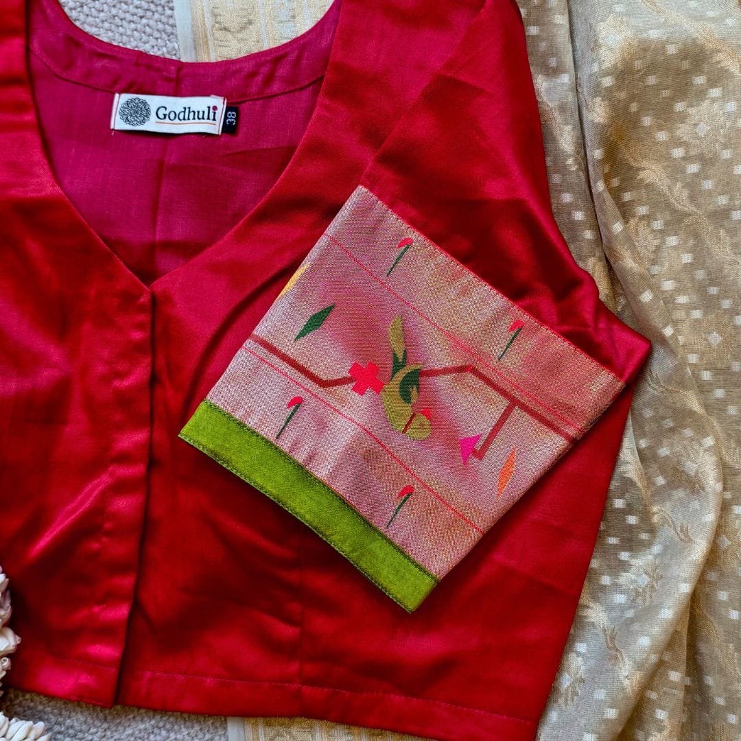 Red Gaji Silk Paithani Border Sleeves Readymade Blouse | Godhuli