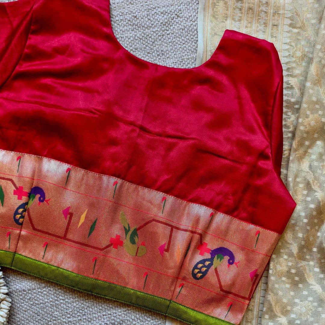 Red Gaji Silk Paithani Border Sleeves Readymade Blouse | Godhuli