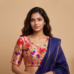Golden Red Floral Jaal Motif Paithani Readymade Blouse | Godhuli